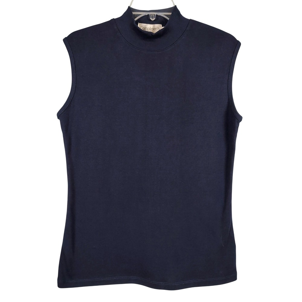 NWT Womens L Mock Neck Sleeveless Top Navy Blue Cotton Blend Minimalist Basic